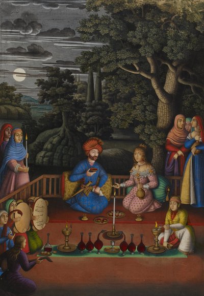 Jakso Intian prinsessan tarinasta: Kuningas Turktazīn vierailu Turktazin, keijujen kuningattaren, maagiseen puutarhaan, MS OR.2265, f.221v tekijältä Muhammad Zaman