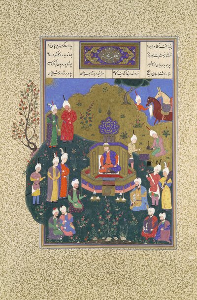 Buzurjmihr esiintyy Nushirvanin viidennessä konventissa, Folio 622r Shahnamasta..., n. 1530-3 tekijältä Muzaffar 
