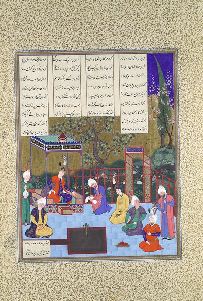 Nushirvan julistaa uudistuksensa, Folio 602v Shahnama Book of Kingsistä..., c1530-35. tekijältä Muzaffar 