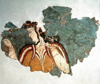 Mykeneen taide: "" Mycenesin rouva"" Fresko, joka kuvaa kurtisaania akropoliin yksityiskodista. 13. vuosisadalla eaa. Athenen kansallinen arkeologinen museo (inv. 11670) tekijältä Mycenaean
