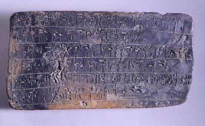 Lineaariin B kaiverrettu taulu, terrakotta Nestorin palatsin arkistosta Pylosissa (Kreikka), mykeneen sivilisaatiossa, noin 1200-luvulta eKr. tekijältä Mycenaean