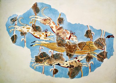 Metsästyskohtausta kuvaava fresko Tirynsistä Kreikasta tekijältä Mycenaean Mycenaean