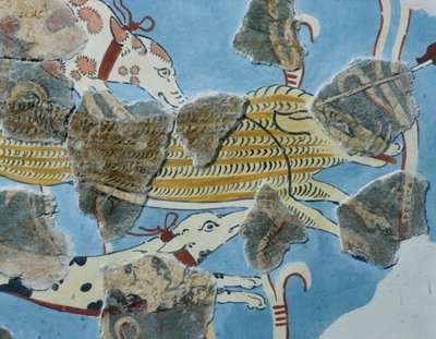 Fresko Tirinto-palatsista (Kreikka). Yksityiskohta: ryhmä koiria hyökkäämässä villisikaa vastaan. Mykeneen sivilisaatio tekijältä Mycenean