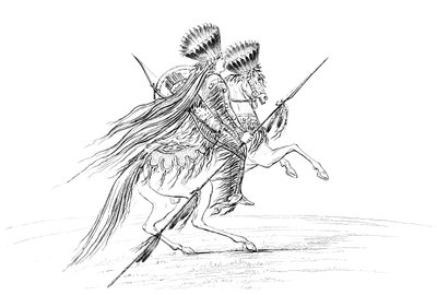 Native American uros aseilla ja päähine, ratsastaa hevosella, 1841. tekijältä Myers and Co