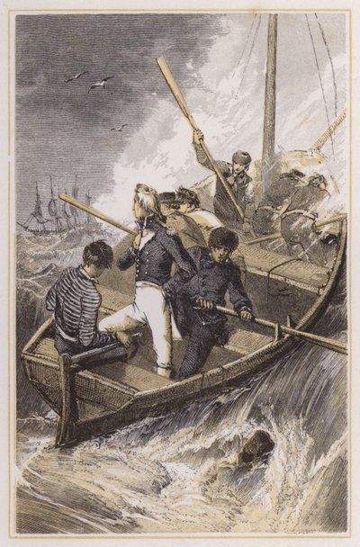 Nelson nousi laivaansa myrskyn aikana (värillinen kaiverrus) tekijältä Myles Birket (after) Foster