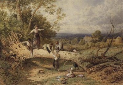 Lapset leikkivät kaatuneella puulla tekijältä Myles Birket Foster