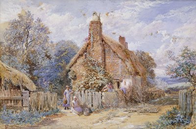 Lapset olkikattoisessa mökissä Chiddingfoldissa, tekijältä Myles Birket Foster