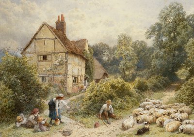 Fowl House Farm, Witley, lasten, paimen ja lammaslauma lähellä, tekijältä Myles Birket Foster