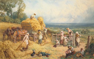 Sadonkorjuuaika (lyijykynä ja akvarelli korostettu vartalovärillä paperille) tekijältä Myles Birket Foster