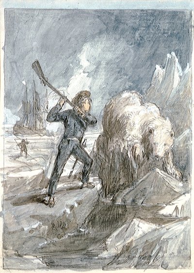 Nelson kohtaa karhun, n.1854 (harmaa pesu, valkoisella korotettu, akvarelli, grafiitti). tekijältä Myles Birket Foster
