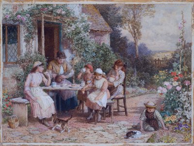 Teeaika (kortilla valkoisella korotettu kynä ja akvarelli) tekijältä Myles Birket Foster