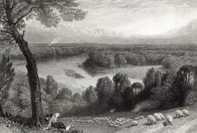 Thames Richmond Hillistä, kaiverrus J. Saddler, painatus Cassell, Petter und Galvin tekijältä Myles Birket Foster