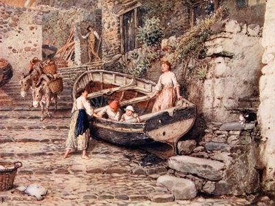 Näkymä Clovellyyn, jossa on rantautunut vene ja hahmoja, 1882. tekijältä Myles Birket Foster