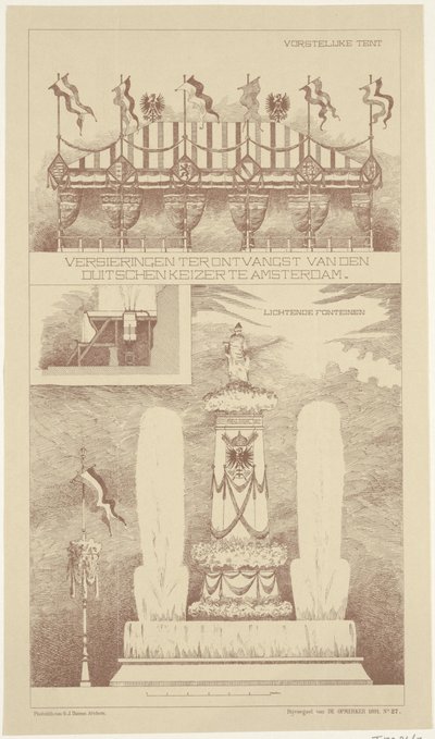 Kunniamerkit Saksan keisarin vierailun aikana Amsterdamissa, 1891 Koristeet Saksan keisarin vastaanotolle Amsterdamissa (esineessä) tekijältä NV Drukkerij G.J. Thieme