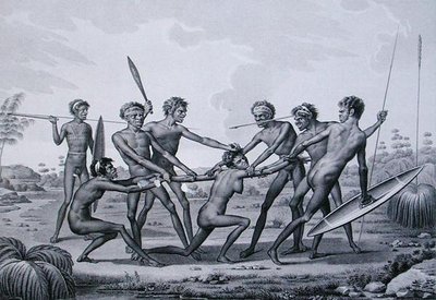 Port Jackson, New Holland: Aboriginaalien avioliittoa edeltävä seremonia, Lerougen ja Forgetin kaiverruksesta Voyage Autour du Monde sur les Corvettes de L