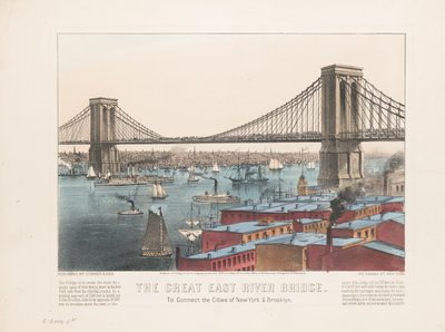 Suuri East Riverin silta: yhdistämään New Yorkin ja Brooklynin kaupungit, noin 1872 tekijältä Nathaniel Currier