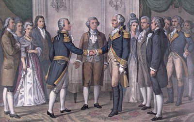 Kenraali George Washingtonin (1732-99) ja markiisi de La Fayetten (1757-1834) ensimmäinen tapaaminen Philadelphiassa 3. elokuuta 1777, julkaistu vuonna 1876 (värilitro). tekijältä N. and Ives J.M. (after) Currier