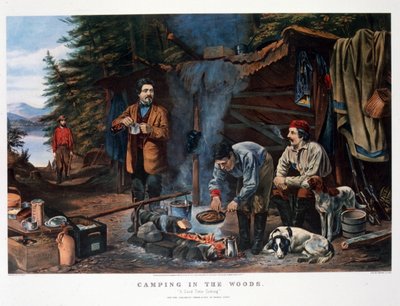 Camping im Wald "Eine gute Zeit kommt". Von Arthur Tait (Currier & Ives) von N. and Ives J.M. (1824-95) Currier