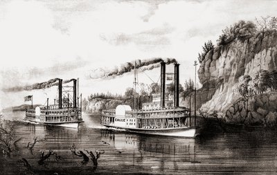 Höyryveneet kilpailevat Mississippi-joella, Yhdysvalloissa. tekijältä N. and Ives J.M. Currier