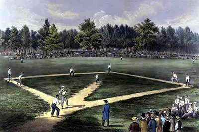 American National Game of Baseball, Grand Match For the Championship at The Elysian Fields, Hoboken, N.J. 1866 (värilitho) tekijältä Currier and Ives