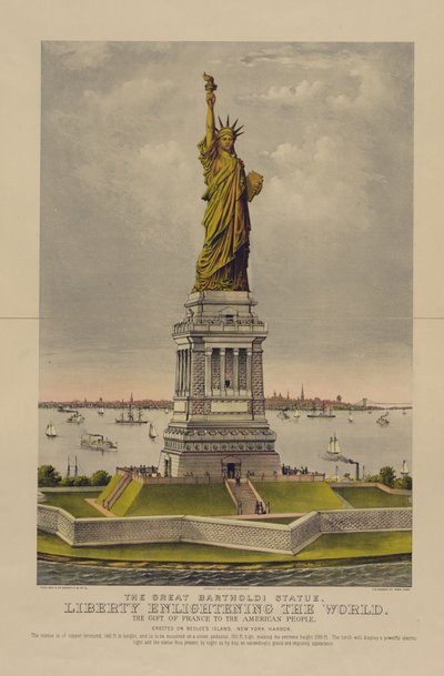 Suuri Bartholdi-patsas, Vapaus valaisee maailmaa, Ranskan lahja amerikkalaisille, n. 1885 (kromolitografia) tekijältä Currier and Ives