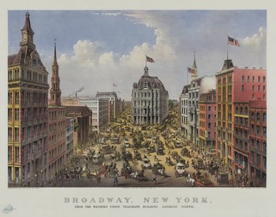Broadway, New York Western Union lennätinrakennuksesta katsoen pohjoiseen tekijältä Currier and Ives