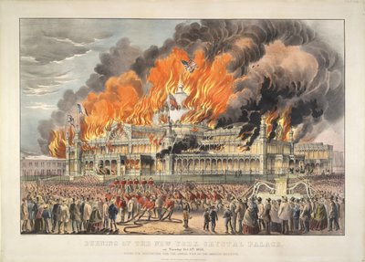 New Yorkin kristallipalatsin palaminen tiistaina 5. lokakuuta 1858 (värilitografia)   Värillinen litografia tekijältä Currier and Ives