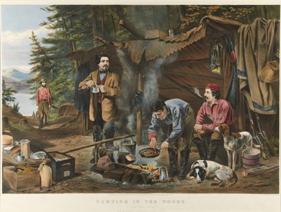 Camping in the Woods "Hyvä aika tulossa" (värilitografia) tekijältä Currier and Ives