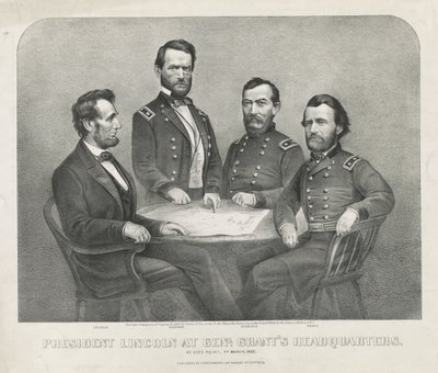 Presidentti Lincoln klo Genl. Grantin päämaja, n. 1865 (litografia) tekijältä Currier and Ives
