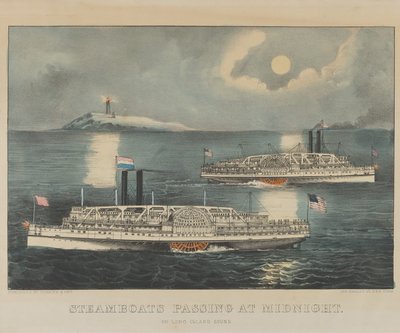 Höyrylaivat kulkevat keskiyöllä Long Island Soundilla tekijältä Currier and Ives