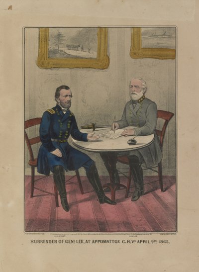 Genl. Lee, osoitteessa Appomattox C.H. Va. 9. huhtikuuta. 1865 (värilitografia) tekijältä Currier and Ives