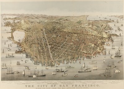 San Franciscon kaupunki - Lintuperspektiivinäkymä lahdelta lounaaseen tekijältä Currier and Ives