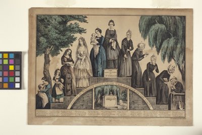 Naisen elämä ja ikä/Naisen elämän vaiheet kehdosta hautaan (käsinvärjätty litografia) tekijältä N. and Ives J.M. (1824 95) Currier