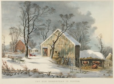 Vanha maatila talvella tekijältä Currier and Ives