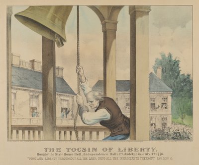 The Tocsin of Liberty soittaa State House Bellissä Philadelphiassa 4. heinäkuuta 1776 tekijältä Currier and Ives