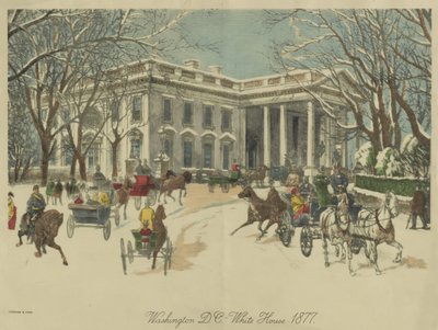 Valkoinen talo, Washington D.C. 1877 (värilitografia) tekijältä Currier and Ives