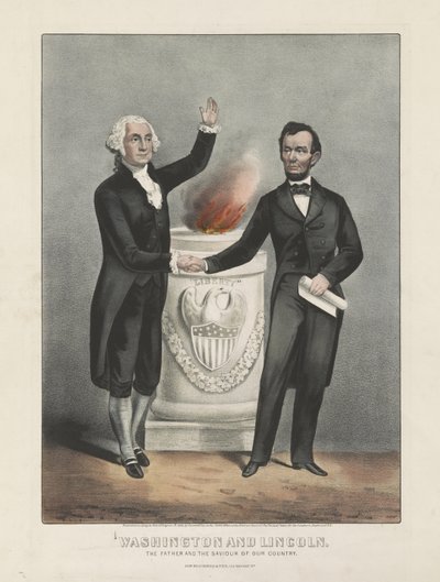 Washington ja Lincoln. Isä ja maamme pelastaja, n.1865 (värilitografia) tekijältä Currier and Ives