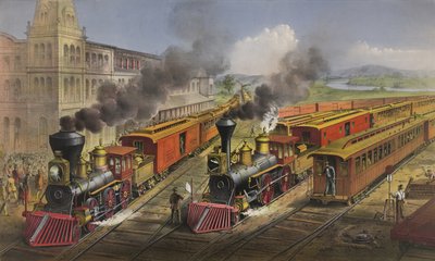 Amerikkalainen rautatienäkymä: salaman pikajunat lähtevät risteyksestä, 1874 tekijältä N. and Ives, J.M. Currier