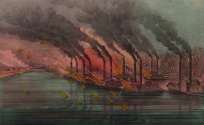 Liittovaltion tykkiveneiden pommitus ja Fort Henryn valtaaminen, 1862 tekijältä N. and Ives, J.M. Currier