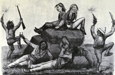 Currier & Ives -kuvitus 1800-luvulta. A Howling Swell - on the War Path (alkuperäinen Thomas Worthin piirustus, josta alkuperäinen vedos tehtiin) tekijältä N. and Ives, J.M. Currier
