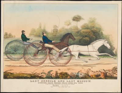 "Lady Suffolk" ja "Lady Moscow", Hunting Park Course, Philadelphia, 13. kesäkuuta 1850 (käsinvärinen lito) tekijältä N. and Ives, J.M. Currier