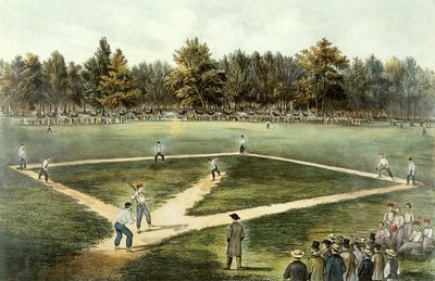 American National Game of Baseball - Grand Match Elysian Fieldsissä, Hoboken, NJ, 1866 (katso 32902) tekijältä N. and Ives, J.M. Currier