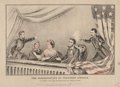 Presidentti Lincolnin salamurha Fordsin teatterissa, Washington, 1865 (käsin värjätty litografia) tekijältä N. and Ives, J.M. Currier