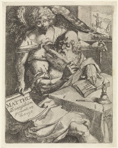 Matteus evankelista Matthei Evangelium avaa ja väittelee (otsikko esineessä) Nimisivu: S. van Til, Het euangelium des H. Apostles Matthæi (...) avattu lyhyillä muistiinpanoilla, 1687 tekijältä N. van Til