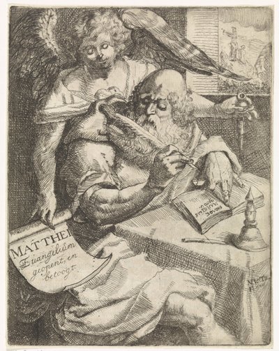 Matteus evankelista Matthei Evangelium avaa ja väittelee (otsikko esineessä) Nimisivu: S. van Til, Het euangelium des H. Apostles Matthæi (...) avattu lyhyillä muistiinpanoilla, 1687 tekijältä N. van Til