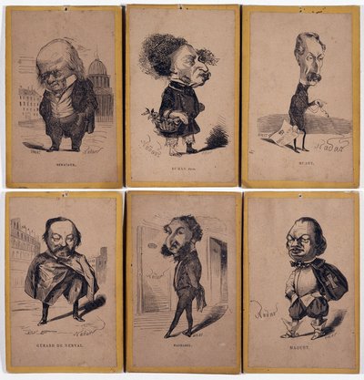 6 Charge-muotokuvaa: Pierre Jean de Beranger (1780-1857) ranskalainen lauluntekijä, Alexandre Dumas fils (1824-1895), Louis Adrien Huart (1813-1865) ranskalainen toimittaja, kirjailija ja teatteriohjaaja, Gerard de Nerval (1808-1855), Ranskalainen kirjaili tekijältä Nadar