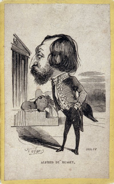 Alfred de Mussetin (1810-1857), ranskalaisen runoilijan ja näytelmäkirjailijan muotokuva. Gaspard Felix Tournachonin sarjakuva Felix Nadarissa (1820-1910). tekijältä Nadar
