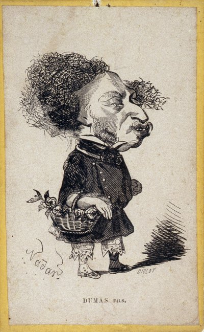 Ranskalaisen kirjailijan Alexandre Dumas Jr. (1824-1895) muotokuvakuorma (portrait-charge). Gaspard Felix Tournachonin sarjakuva Felix Nadarissa (1820-1910). tekijältä Nadar