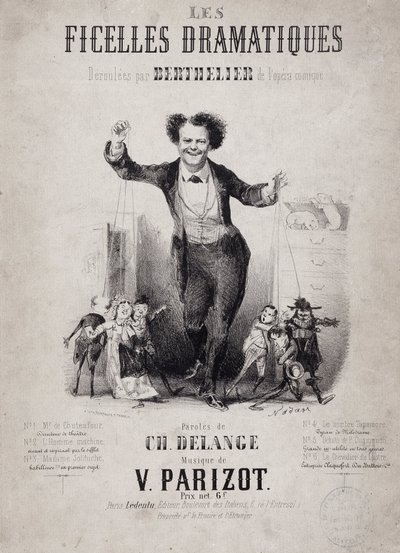 Muotokuva Jean Berthelieristä (1830-1888) pitelemässä nukkepoikia. Albumi "Les Ficelles Dramatiques deroulees by Berthelier de l
