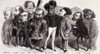 Muotokuvia kirjailijoista Paul de Kock (1793-1871), Emile Augier (1820-1889), Eugene Scribe (1791-1861), Felix Nadar, Alphonse Karr (1808-1890), Alexandre Dumas Pere (1802-1870) ja Alexandre Dumas Jr. (1824-1895), Joseph Mery (1798-1866) ja Leon Gozan (180 tekijältä Nadar